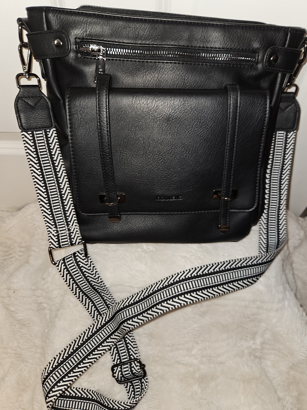 Black Crossbody Tote with Patterned Strap